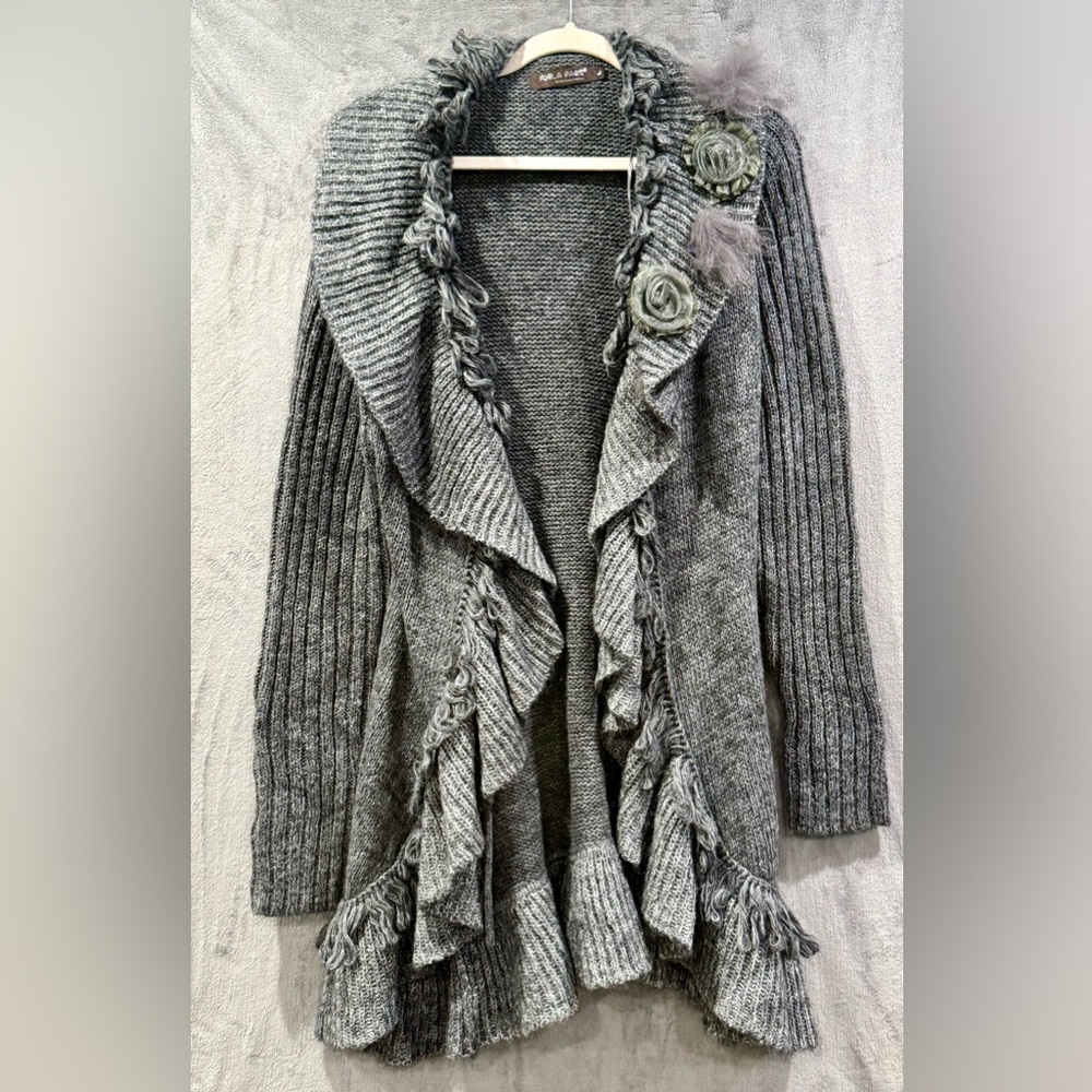 Forla Paris Gray Chic Ruffle Cable Knit Mohair Wool Blend Cardigan Size L